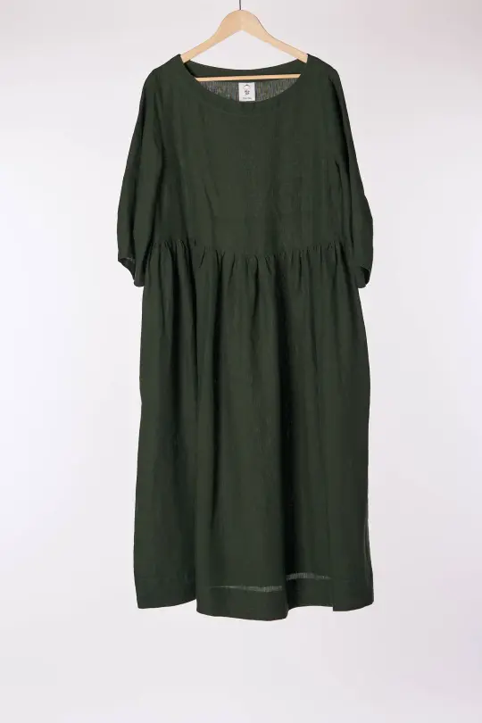 Smock Gaia Dress, 3/4 Sleeve, Evergreen
