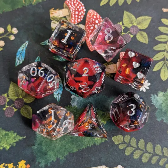 Heart Piercer Dice Set – 8 or 12-Piece Red Shimmer DnD Dice with Heart D6 | Fennek & Finch