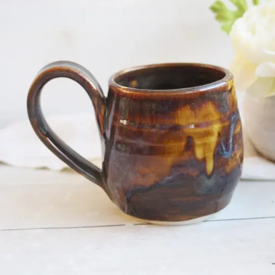 Amber Brown Pottery Mug, 14 Ounce , Made in USA