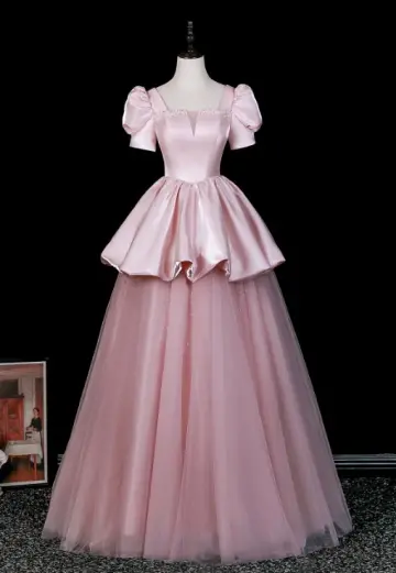 Elegant Pink A-Line Square Tulle Tem Corset Maxi Prom Dress Evening Dress RS404