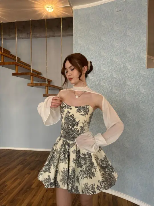 Retro pattern tube top waist slimming puffy skirt homecoming dress R3895