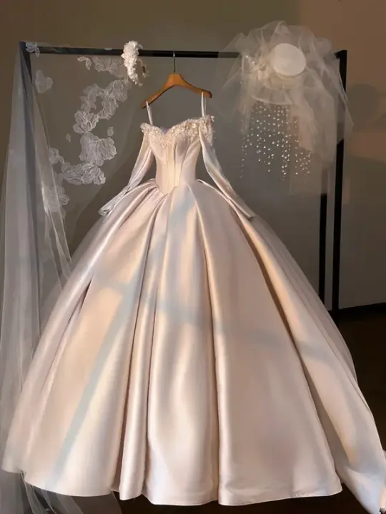 White elegant satin strap one shoulder puffy skirt bridal dress R5694