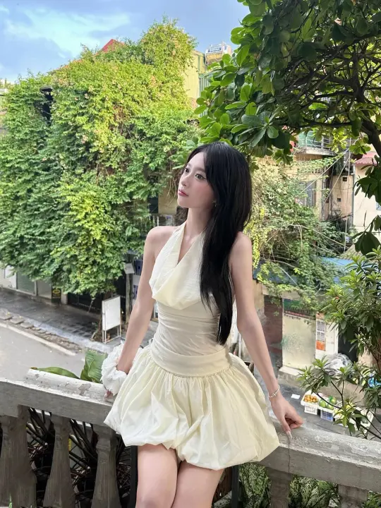 Apricot halter neck swing neck waist slim fit skinny flower bud short skirt homecoming dress R4023