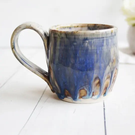 Pottery Mug with Dripping Blue Earthy Glazes, 12 Ounce Coffee Cup
