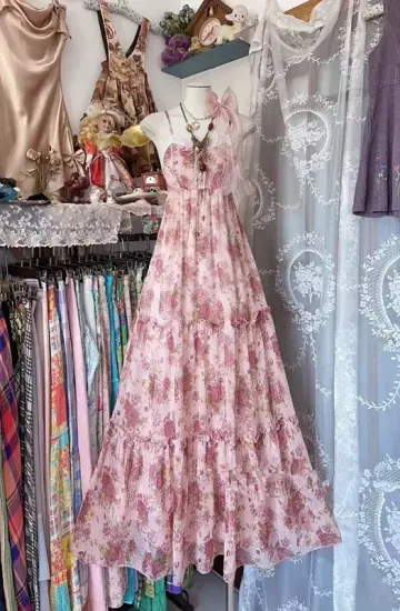 Pink floral print halter-neck long ball gown R7511