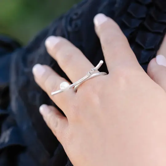 Sterling Silver Curved Ring with Faux Pearl