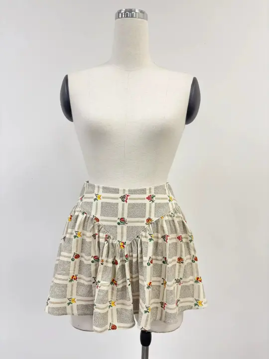 SAMPLE #426 - S Soft Linen Fruit Plaid Park Mini Skirt - Cream / Tan
