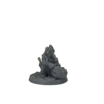 Unpainted 32mm 3D-printed seated gnome rogue in a pointed cap grinning over an open swag sack — tabletop RPG miniature for D&D, Pathfinder & wargaming