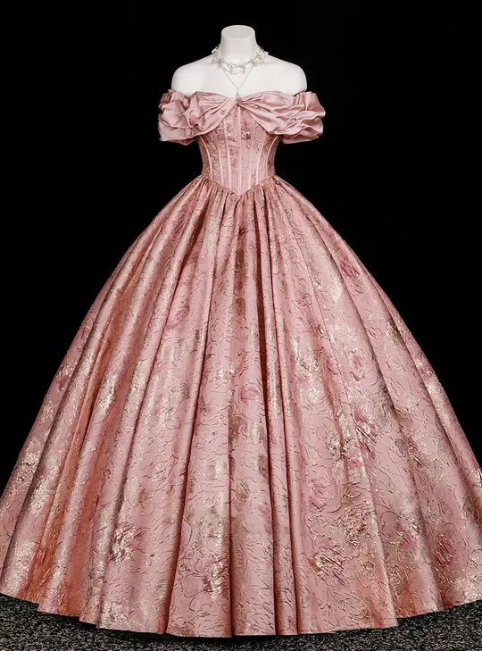 French Retro Floral Pink Ball Gown Bateau Long Women Dress with Embroidery Prom Dress Evening Dress RS096