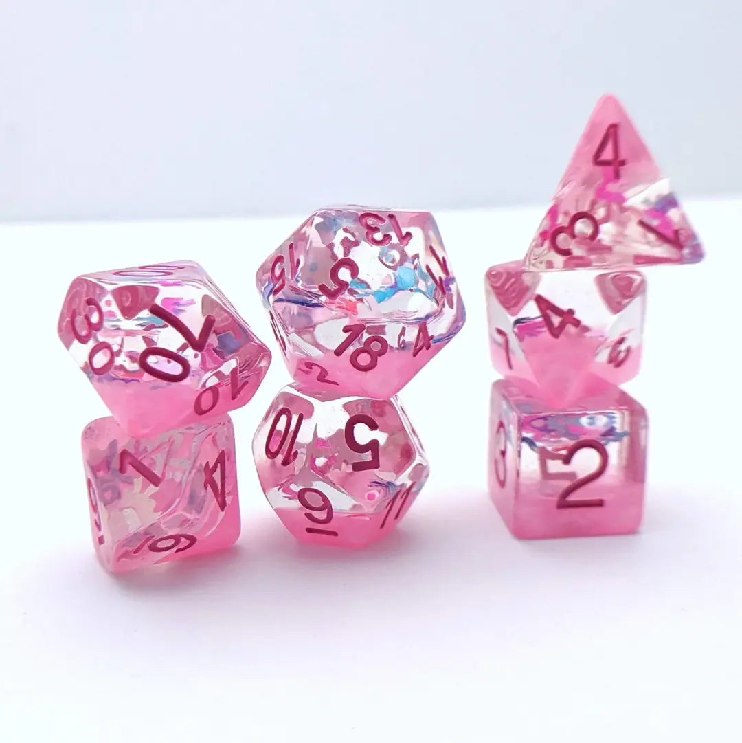 Ribbons and Bows Dice Set – 7-Piece Translucent Pink Iridescent Ribbon Glitter