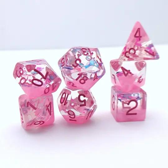 Ribbons and Bows Dice Set – 7-Piece Translucent Pink Iridescent Ribbon Glitter