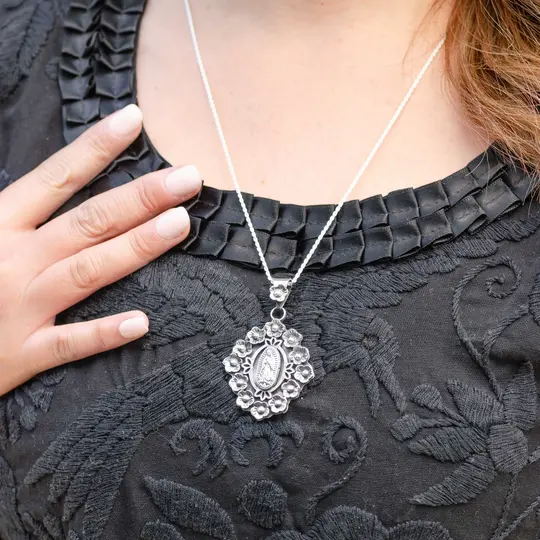 Sterling Silver Virgen de Guadalupe Flowered Pendant