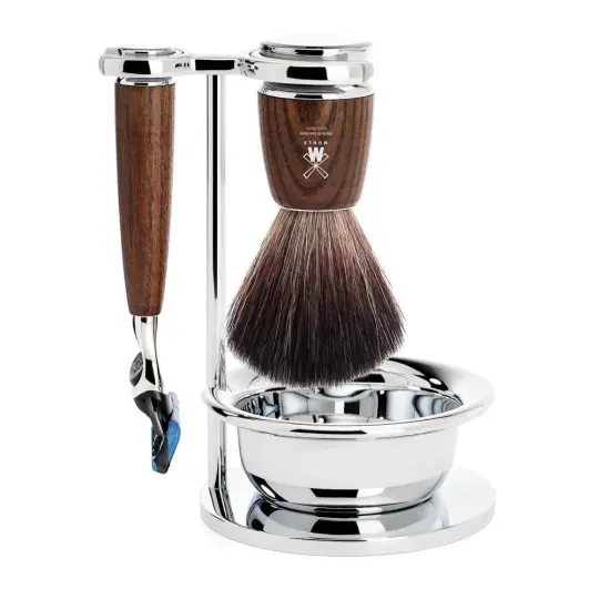 MÜHLE RYTMO 4 Pc. Shaving Set, Black Fibre Brush & Gillette® Fusion™ Razor, Steamed Ash