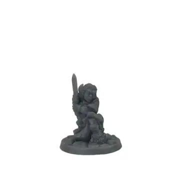 Unpainted 32mm 3D-printed curly-haired halfling rogue with a blade shouldered behind her head — tabletop RPG miniature for D&D, Pathfinder & wargaming