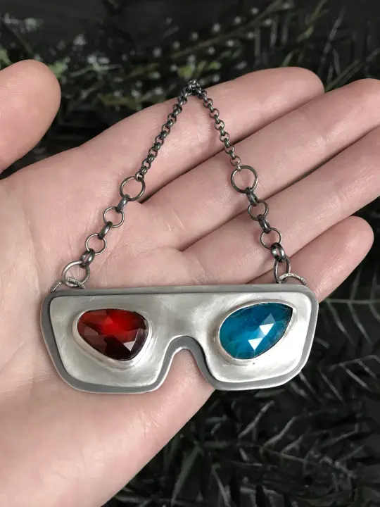 Large 3D Glasses Necklace with Hessonite Garnet & Blue Apatite