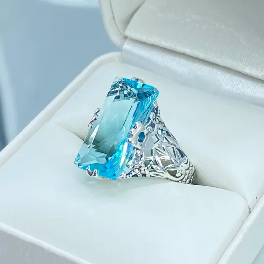 Sky Blue Ring, Size 5, Aquamarine Baguette Intaglio Ring #D31 - Ready to Ship