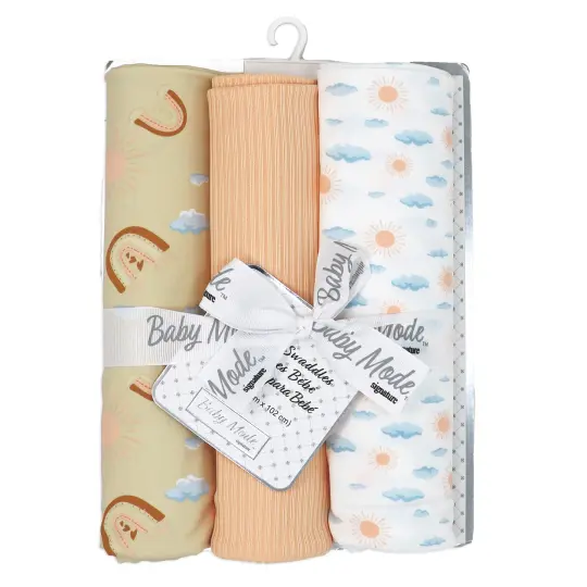 Baby Mode Signature Baby Boys and Baby Girls 3 Piece Knit Swaddle Blankets, Peach Sun