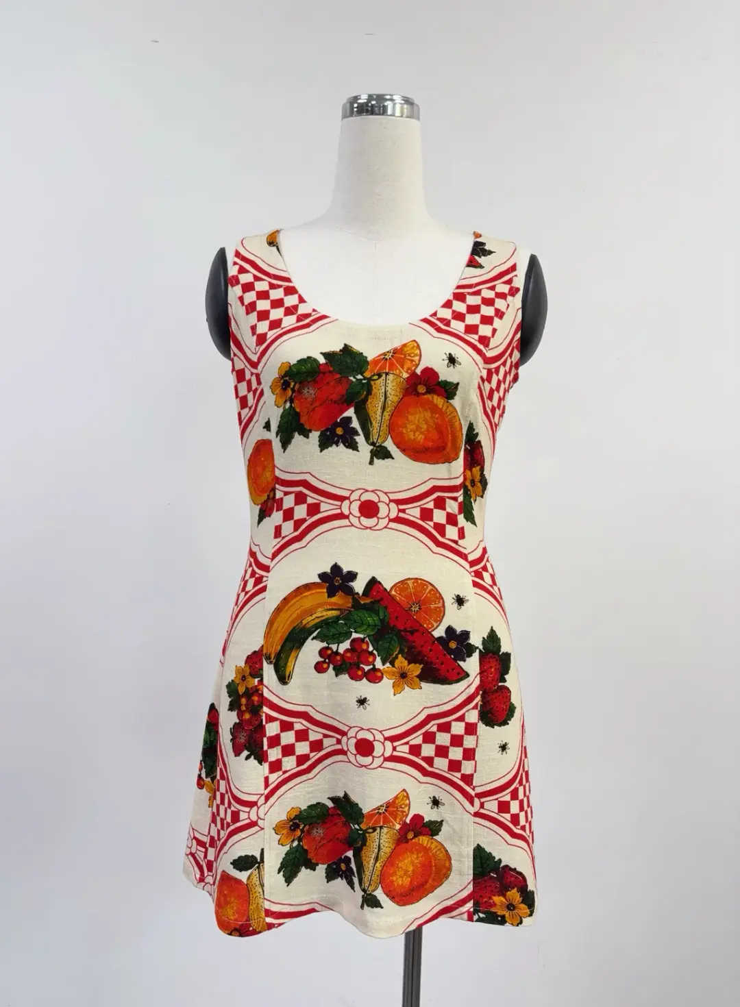SAMPLE #425 - S Soft Linen Fruit Harvest Mini Dress - Red / Cream