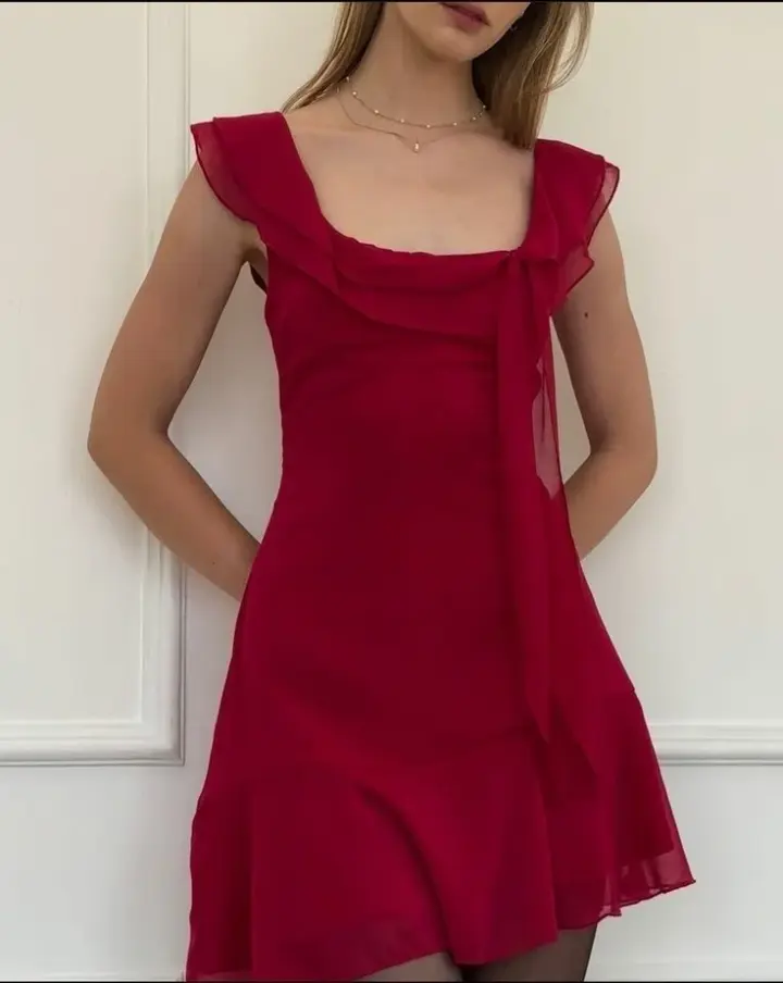 Red chiffon round neck slim waist A-line short skirt homecoming dress R4016