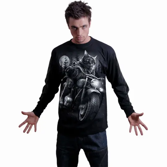 NINE LIVES Longsleeve T-Shirt Black - Gothic Cat Long Sleeve