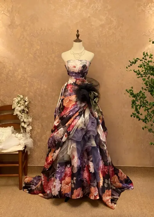 Vintage Floral Print Strapless Waist-Cinched Slim-Fit Floor-Length Ball Gown, Bridal Gown R7360