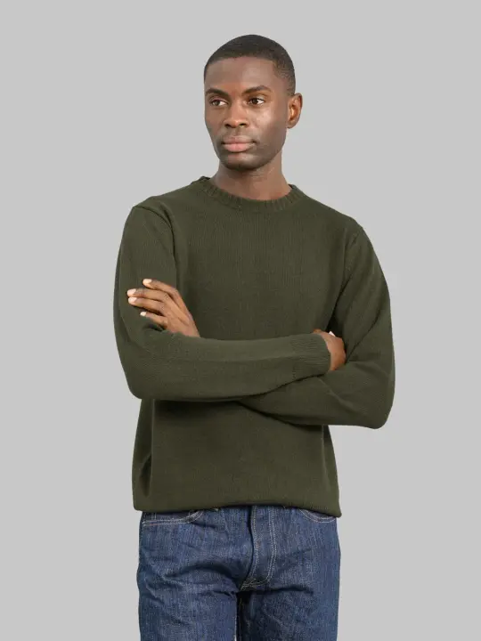 Mooncastle 7G Cashmere Silk Wool Crewneck Pullover Moss Green