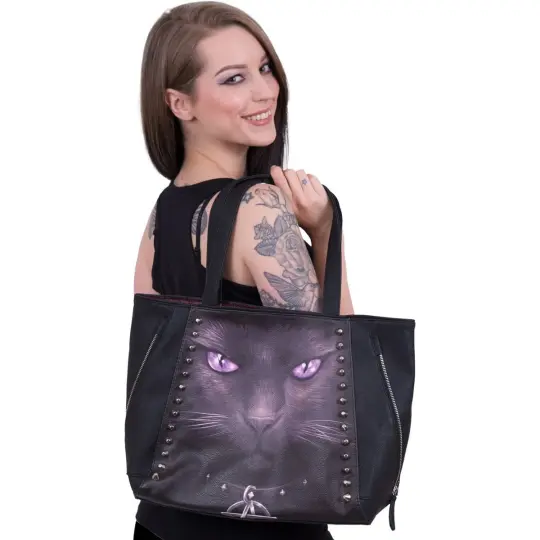 Gothic Black Cat Tote Bag - Studded Vegan Leather Purse - Witchy Aesthetic Handbag