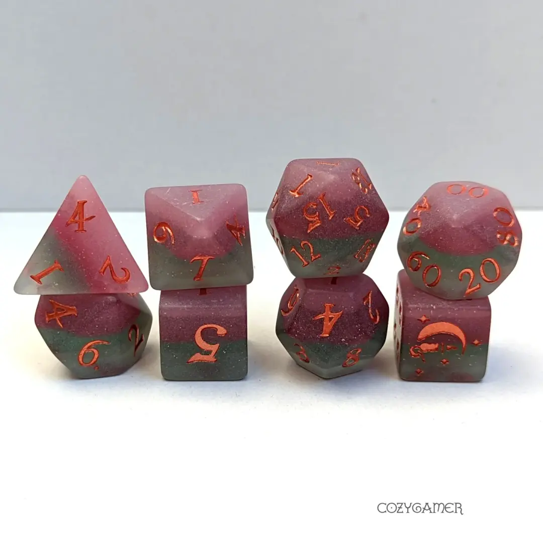 Fluorite Dice Set – 8-Piece Purple Green Layered Matte | Fennek & Finch