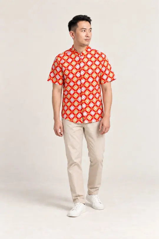 Men's Mandarin-collared Shirt - Red Lucky Coins