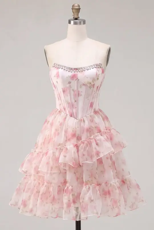 Gentle Blush Pink Floral Homecoming Dress ,A-Line Strapless Beaded Chiffon Corset Summer Dress RS1078