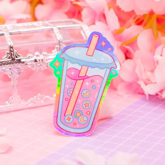 Cosmic Bubble Tea - holographic vinyl sticker