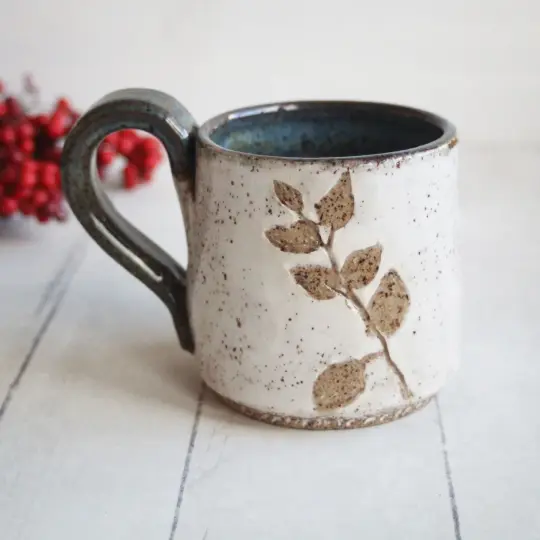 Pressed Fairy Lilac Leaves Nature Mug, Rustic Handcrafted Pottery, Made in USA