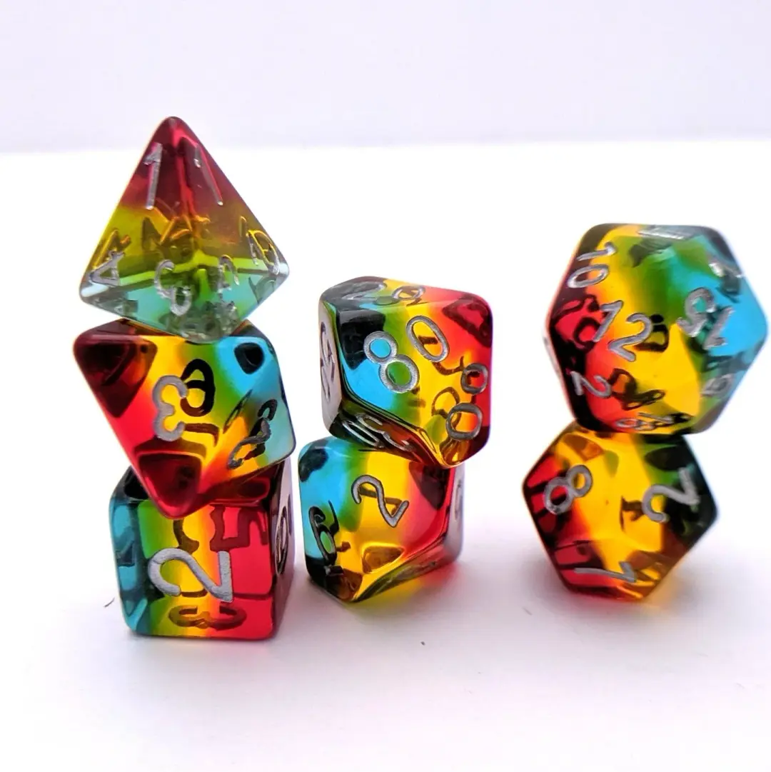 Tropicool Dice Set – 7-Piece Blue Green Yellow Red Layered Transparent Resin DnD