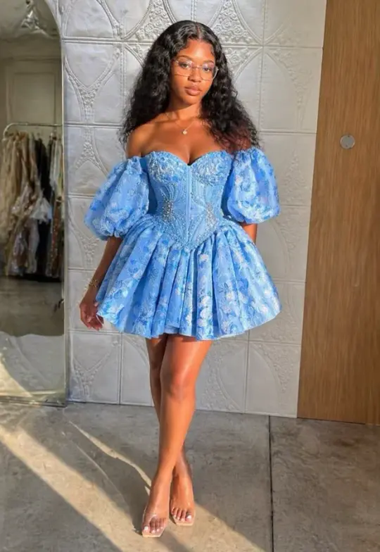 Beaded Silky Puffy Women's Homecoming Dress Blue Corset Short Prom Dress Party Dress RS2630