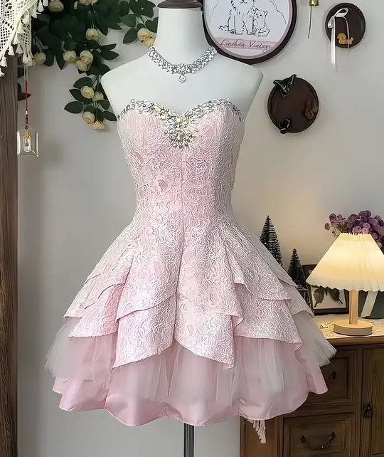 Cute Blush Pink A-Line Strapless Beading around the Neck Bodycon Mini Dress with Lace Embroidery Homecoming Dress RS245
