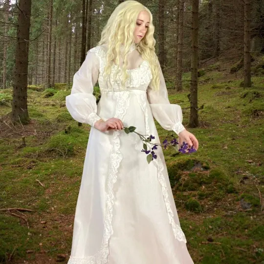 Cottage Core Prairie Wedding Dress With Empire Waist & Bishop Sleeves