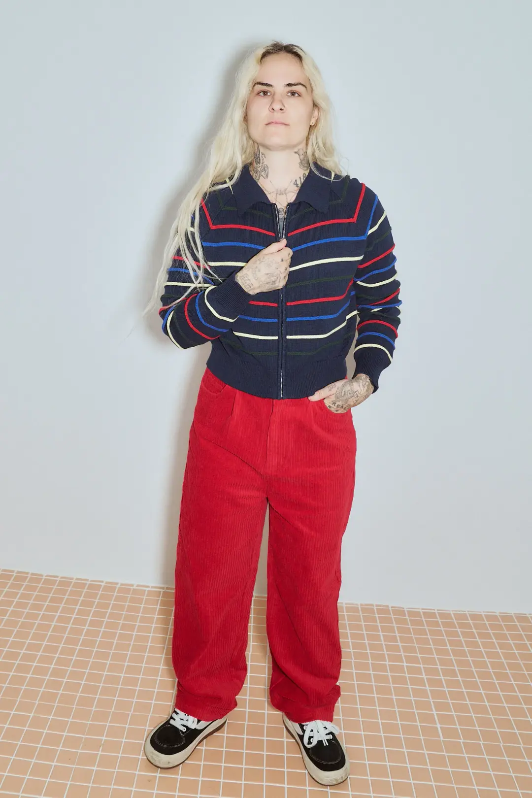 Zip Collared Stripe Cardigan