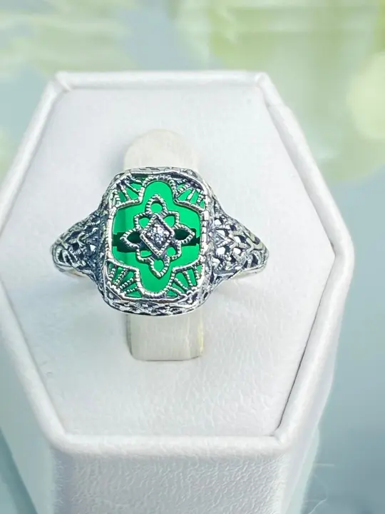 Emerald Glass Ring, Size 9, Moissanite Inset Gem, Art Deco Filigree Jewelry, #D204 - Ready to Ship