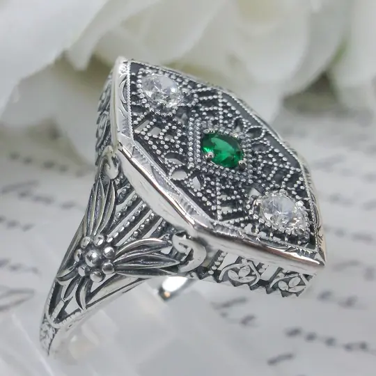Emerald Ring, Size 9, Art Deco Revival Jewelry #D231 - Ready to Ship