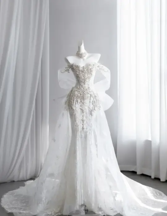Gorgeous Lace Embroidered Strapless Mermaid Tulle Corset Maxi Trailing Wedding Dress RS3130