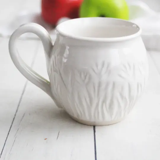 Hand Carved Floral, Shiny White Stoneware Mug, 12 Ounce Pottery Mug, Made in USA