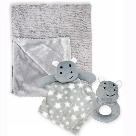 Baby Mode Baby Boys and Girls Blanket and Nunu and Rattle Gift Set, Gray