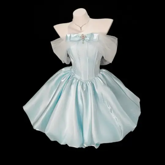 Hazy Pale Blue Homecoming Dress , Silky Satin Corset Short Prom Dress RS1619