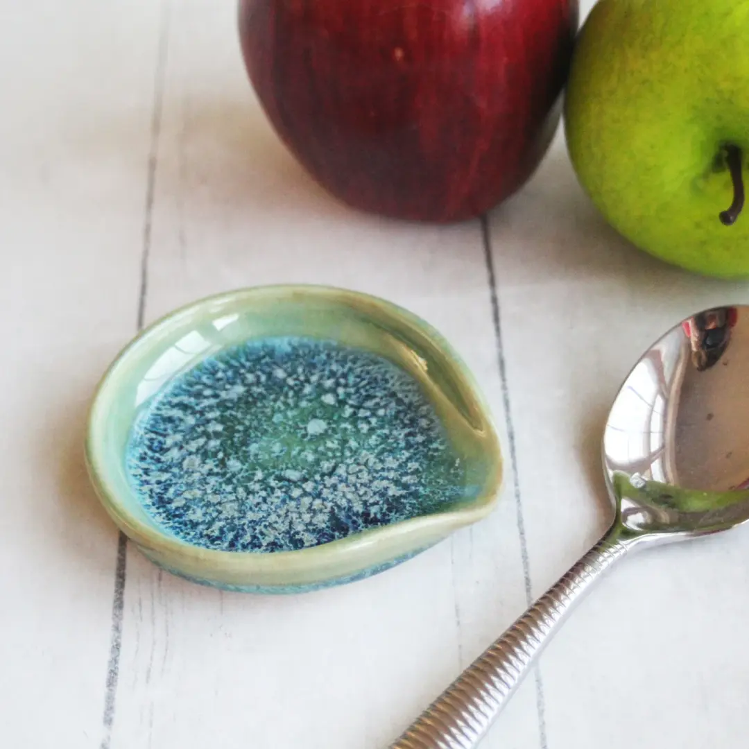 Small Spoon Rest, Shimmering Green Ceramic Spoon Holder for Your Coffee Station, Made in USA