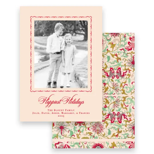 Red & Pink Border with Florentine Design "Happy Holidays" Portrait Holiday Card