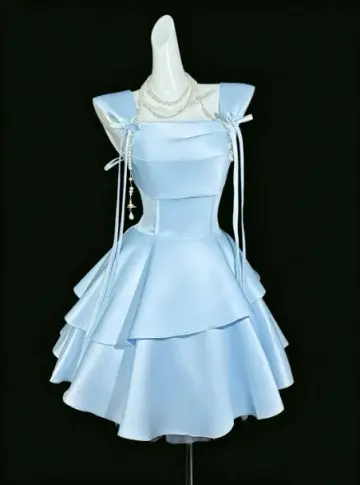 Charming Corset Homecoming Dress ,A-Line Square Satin Tiered Short Prom Dress RS939