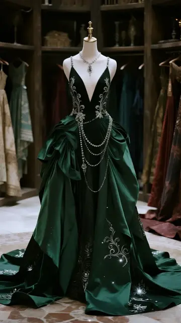 Dark green strappy V-neck satin waist slim A-line maxi ball gown R6067