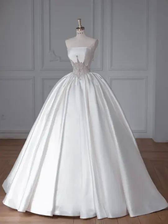 White Tube Top Fitted-Waist Satin Puffy Hem Gown / Bridal Gown R5899
