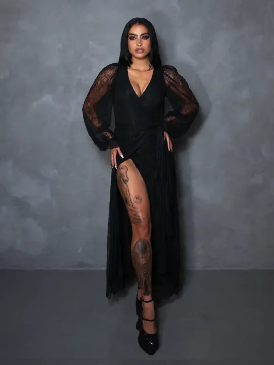 Black Widow Wrap Gown in Black Lace