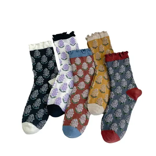 Ruffle Trim 3D Floral Cotton Mid Calf Socks M5A072